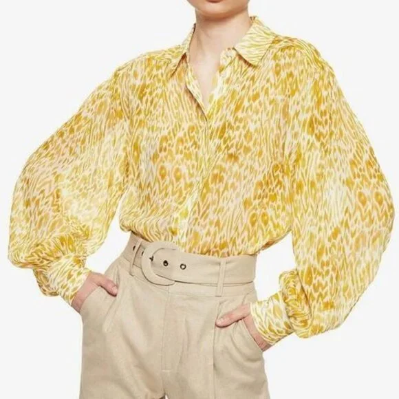 Anine Bing 100% Silk Caleb Shirt Leopard Animal Print Balloon Sleeve Oversized - Picture 14 of 16